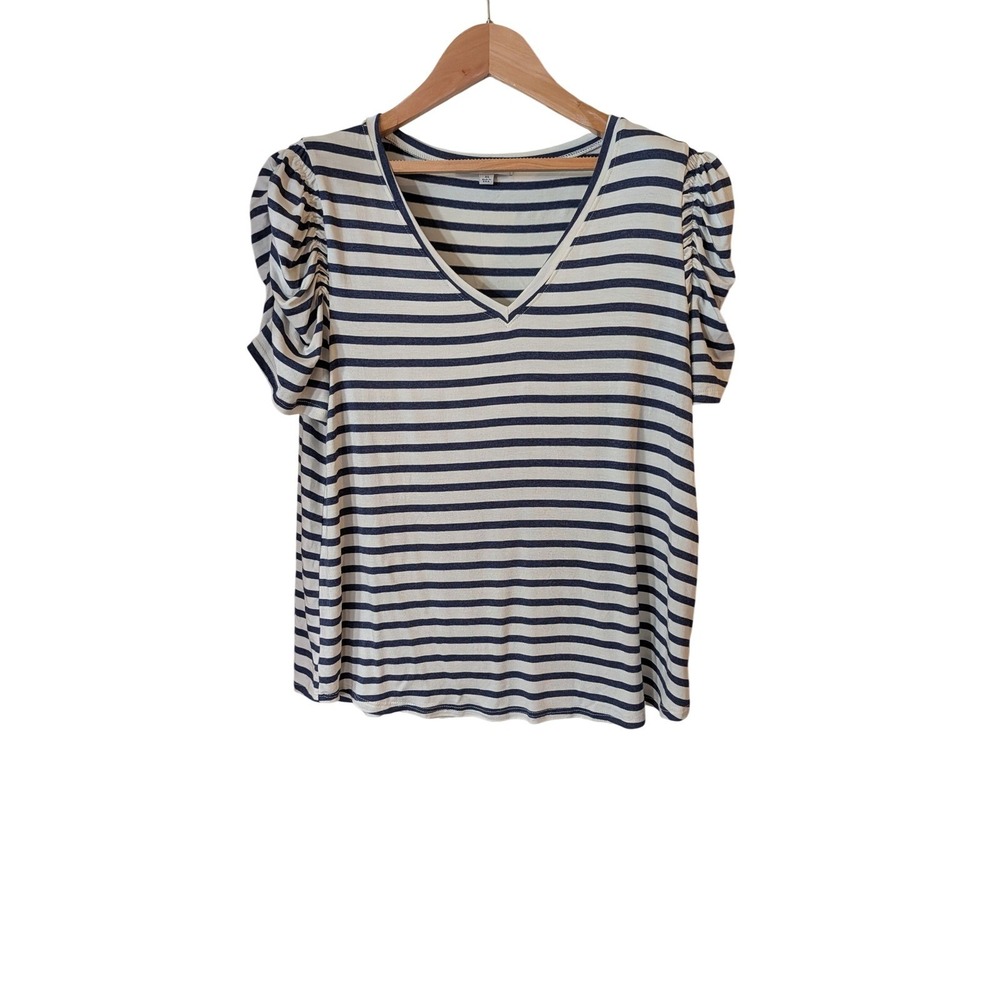 Green Envelope Los Angeles Striped V-Neck Top XL Ruched Puff Sleeve Navy White